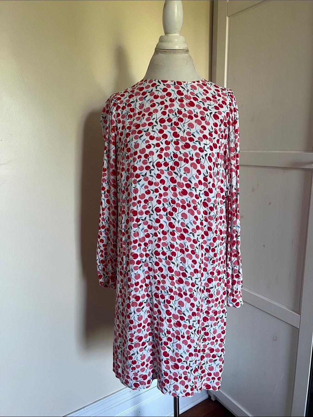 LOFT Cherry Print Red Pink White Long Sleeve Shift Dress | Size Medium